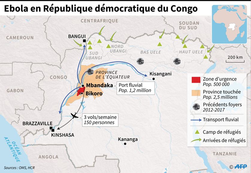 Carte de la République démocratique du Congo localisant les villes touchées par le virus Ebola