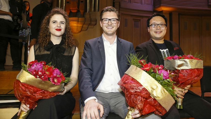 Les trois lauréats du Concours Reine Elisabeth 2018 : Eva Zaïcik (2e), Samuel Hasselhorn (1er), Ao Li (3e)