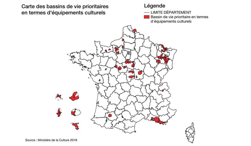 Carte des bassins de vie prioritaires en termes d'équipements culturels