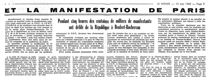 L'article du Monde qui relate la journée du 13 mai 1968