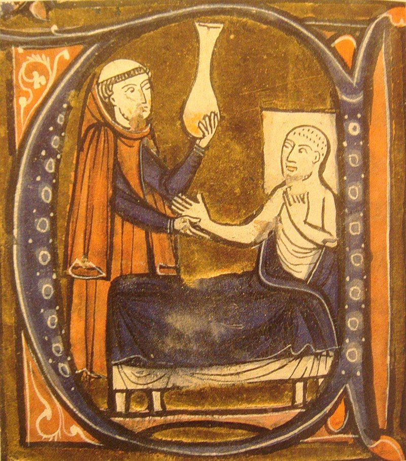 Miniature représentant le médecin Rhazès, dans le recueil des traités de médecine de Gérard de Crémone, vers 1250-1260