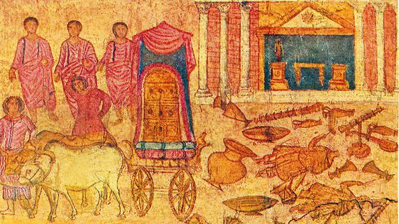 L'Arche de l'Alliance chez les Philistins et le Temple de Dagon, Fresque du mur ouest de la synagogue de Doura Europos, date inconnue - Wikicommons