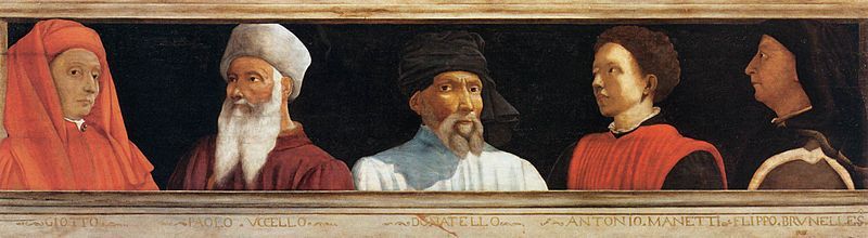 Portraits de Giotto, Paolo Uccello, Donatello, Antonio Manetti et Filippo Brunelleschi, anonyme, école florentine, entre 1490 et 1550,