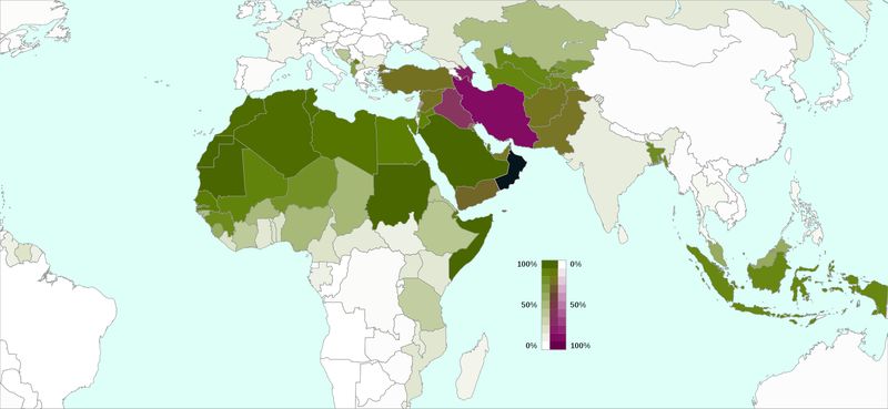 Pourcentage de musulmans par pays. Vert : sunnisme - Violet : chiisme - Noir : ibadisme