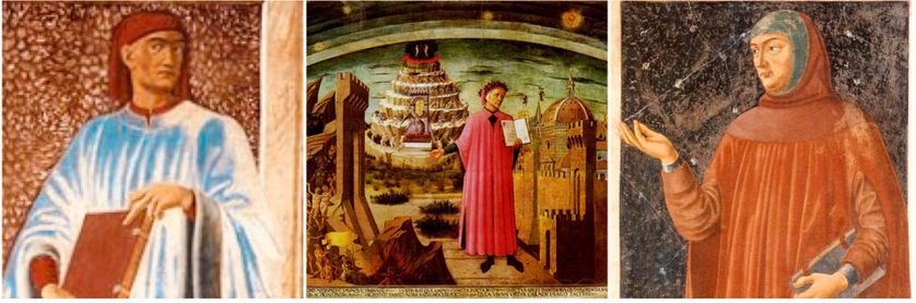 Portrait de Boccace par A. del Castagno (vers 1450)/ Domenico di Michelino, Dante et la Divine Comédie. Fresque située dans la nef du Dôme de Florence, Italie/Pétrarque peint par Andrea del Castagno, Galerie des Offices, Florence