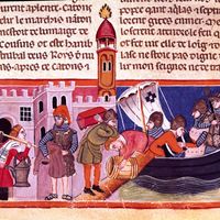 Transport de marchandises et de denrees par voie fluviale". Miniature tirée d'un codex français sur parchemin "Les faits des romains"