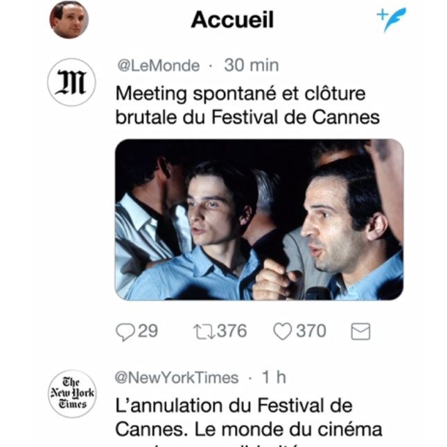 Sur Twitter Le Monde et New York Times annonce la clôture du Festival de Cannes en 1968