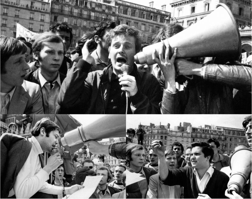 De haut en bas, de gauche à droite : Daniel Cohn-Bendit, Jacques Sauvageot et Alain Geismar