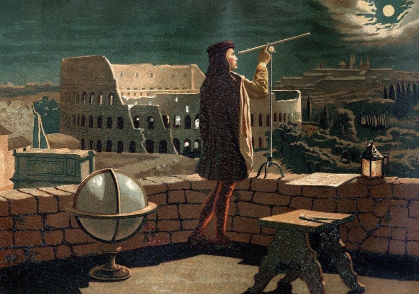 Nicolas Copernic (Nicolaus Copernicus, 1473-1543), astronome polonais, observant une éclipse de lune à Rome d'après "La Ciencia y sus Hombres". par Louis Figuier, Barcelona 1881.
