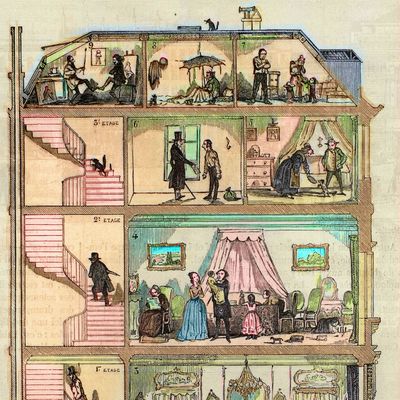 "Logement a Paris", gravure in "Tableau-de-Paris" d'Edmond Texier, 1852 : coupe transversale d'un immeuble représentant les différentes classes sociales françaises