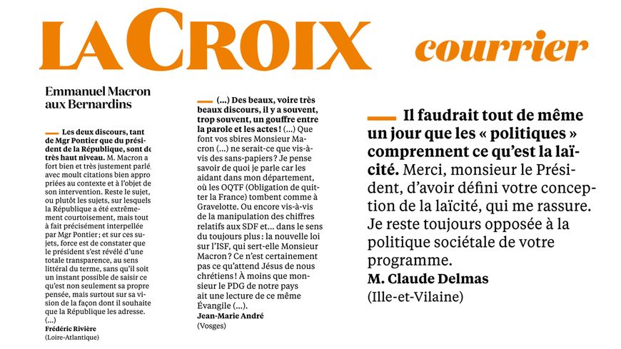 Extraits du courrier des lecteurs du journal La Croix daté du jeudi 19 avril 2018.