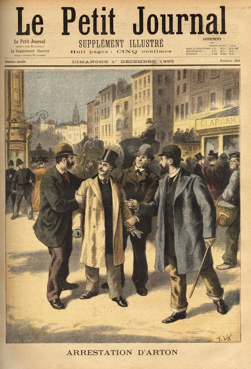 L'arrestation d' Emile Arton ( 1859-1905), courtier corrupteur dans l'affaire du scandale de Panama, en fuite depuis plusieurs annees