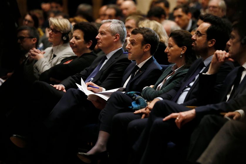 Emmanuel Macron et ses ministres assistant à l’événement "Artificial Intelligence for Humanity" à Paris le 29 mars 2018