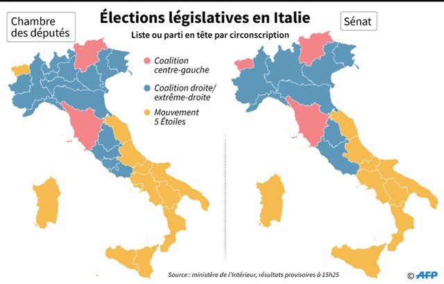 Les résultats des législatives italiennes par région