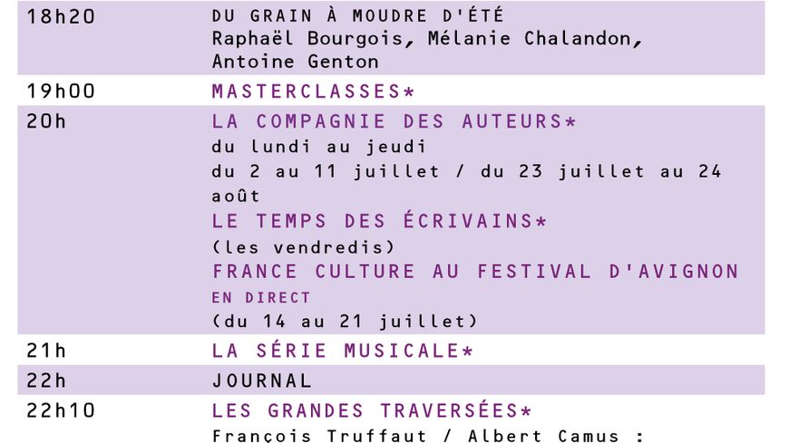 La grille d'été 2018 en semaine