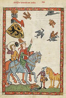 Fauconnerie à cheval au Moyen Âge. Les montures semblent être des palefrois de type genêt d’Espagne. Codex Manesse.