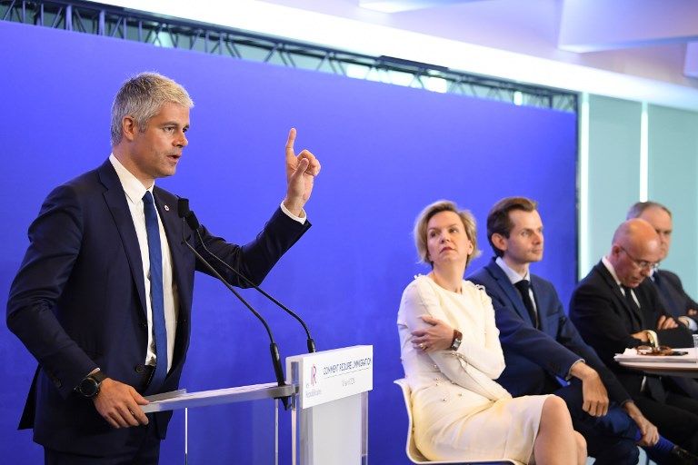 Discours de Laurent Wauquiez aux cotés de Virginie Calmels, Guillaume Larrive, Eric Ciotti et François-Noël Buffet, lors d'une Convention du parti Les Républicains, Paris, 18 avril 2018.