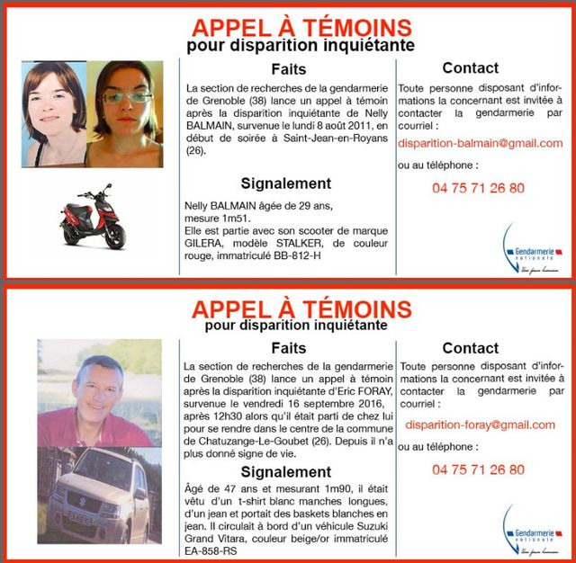 Les deux appels à témoins pour Eric Foray et Nelly Balmain