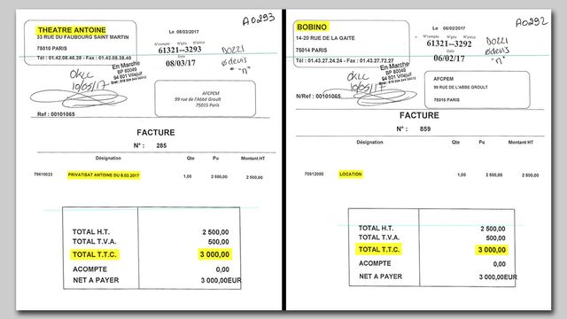 Les deux factures de 3 000 euros adressées à En Marche pour la location des théâtres de Jean-Marc Dumontet