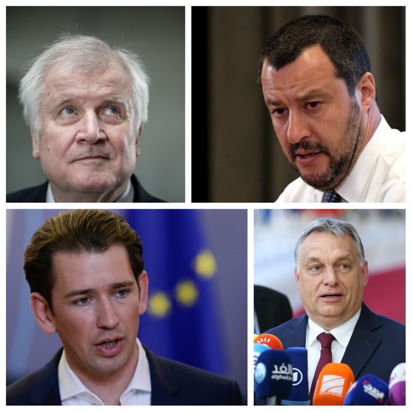 Horst Seehofer, ministre de l'Intérieur allemand, Matteo Salvini, ministre de l'Intérieur italien, Sebastian Kurz, chancelier fédéral d'Autriche, Viktor Orban, premier ministre hongrois