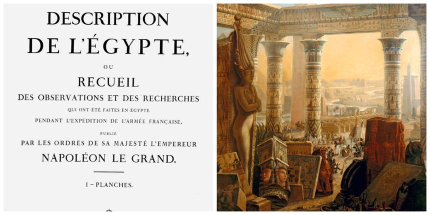 Droite : Page de titre de l'édition de l'ouvrage "Description de l'Egypte" de 1809 / gauche : Frontispice d'une planche
