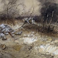 Craonne - Corps des fantassins gisant parmi les barbelés. Peinture a l'aquarelle de Francois Flameng