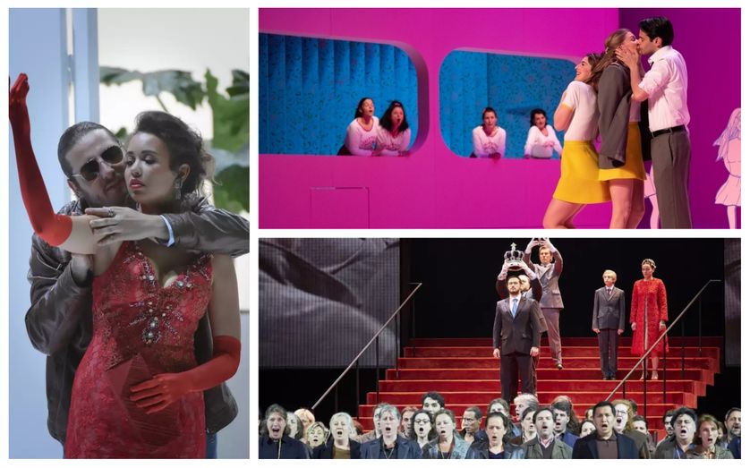 A gauche : "Don Pasquale" © Vincent Pontet / OnP. A droite : "Les p'tites michu" © Nemo Perier Stefanovitch / "Boris Godounov" © Agathe Poupeney / OnP