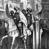 "Entrée de Mahomet à Médine", Gravure issue de "Histoire des Papes-Rois-Reines-et-Empereurs à travers les siècles" par Maurice Lachatre, 1863