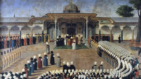 Le sultan Selim III rreçoit des dignitaires lors d'une audience donnée à la Porte de la Félicité, au palais de Topkapı - wiki commons