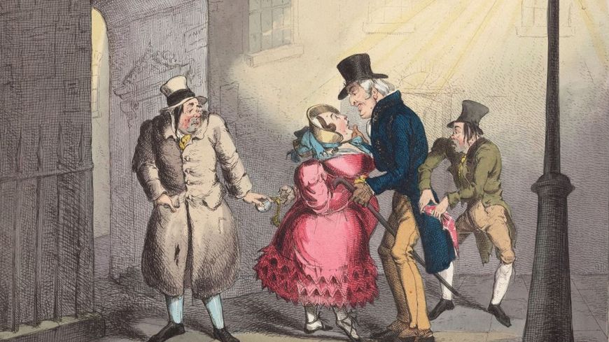 Dans cette illustration de 1827, trois pickpockets détroussent un gentleman.