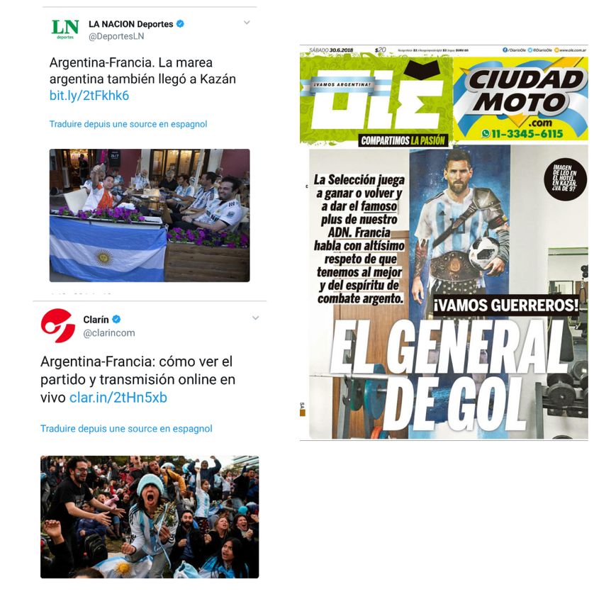 Deux tweets des deux grands quotidiens argentins et la Une d'un quotidien sportif