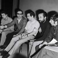 Claude Lelouch, Jean-Luc Godard, Francois Truffaut, Louis Malle, Roman Polanski lors d'une conférence de presse au Festival de Cannes en 1968.
