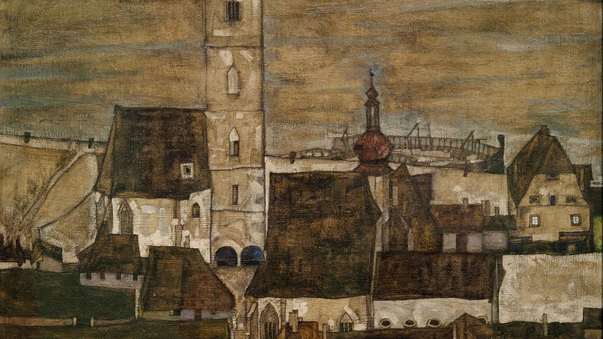 Stein* sur le Danube II, Egon Schiele (1913). (*Aujourd'hui Krems an der Donau). Huile sur toile exposée au Leopold Museum, Vienne (Autriche). Inv.Nr 479