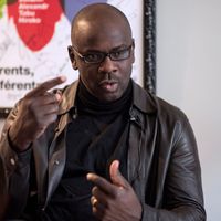 Lilian Thuram répond aux questions des journalistes lors d'un entretien accordé à l'AFP le 4 avril 2018