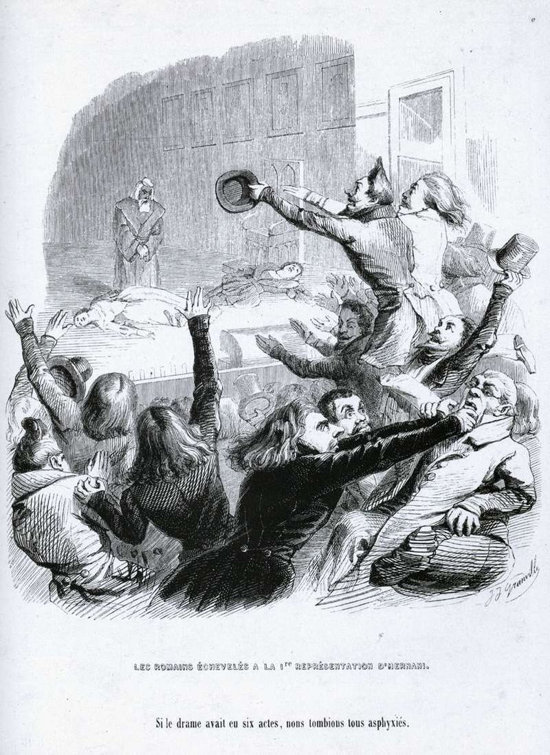 « Les Romains échevelés à la première représentation d'Hernani », gravure de Grandville (1836)