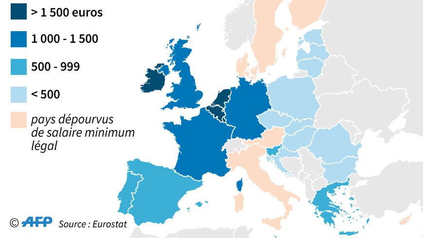 le salaire minimum pour chacun des 27 pays