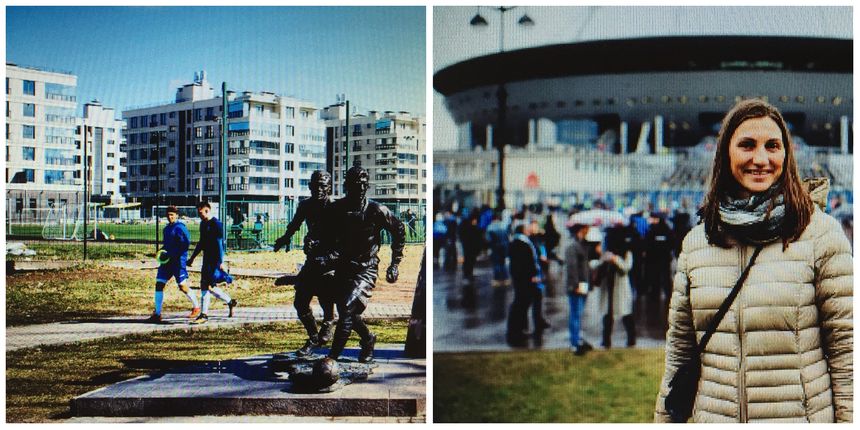 ELENA ERKINA, SUPPORTRICE DU ZÉNITH, DEVANT LE STADE KRESTOVSKI. « ON DOIT Y ÉCRIRE UNE AUTRE HISTOIRE » QUE CELLE DU PETROVSKI, DIT-ELLE. Photos extraites du reportage de JC. Collin, "L'Equipe Magazine"