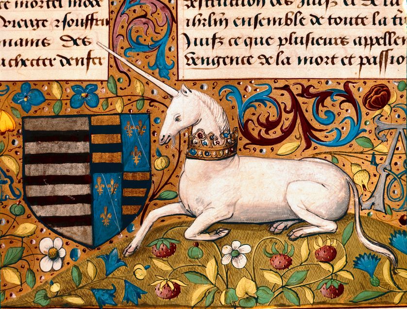 Une licorne et un blason, détail d'une page de manuscrit du XVème siècle, Musée Condé (Chantilly)