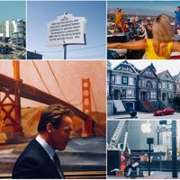 Détail Une de The Economist ; Silicon Valley, 391 San Antonio Rd, Mountain View ; Extrait DVD de La La Land ; A. Schwarzenegger à San Francisco , 2004/Getty ; Haight Ashbury, San Francisco, 2004 ; Sans-abri dans la Silicon Valley, Business Inside