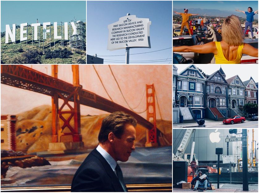 Détail Une de The Economist ; Silicon Valley, 391 San Antonio Rd, Mountain View ; Extrait DVD de La La Land ; A. Schwarzenegger à San Francisco , 2004/Getty ; Haight Ashbury, San Francisco, 2004 ; Sans-abri dans la Silicon Valley, Business Inside