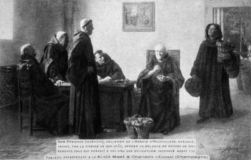 Reproduction d'un tableau représentant le moine Dom Pérignon sélectionnant le raisin pour le vin.