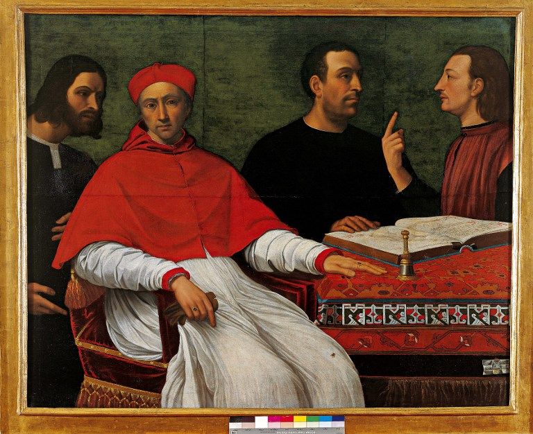 Cesar Borgia (Cesare Borgia il Valentino) en discussion avec Niccolo di Bernardo dei Machiavelli (Nicolas Machiavel, 1469-1527) (à droite, vêtu rouge) devant le cardinal Pedro Loys Borgia et le secrétaire Don Micheletto Corella.