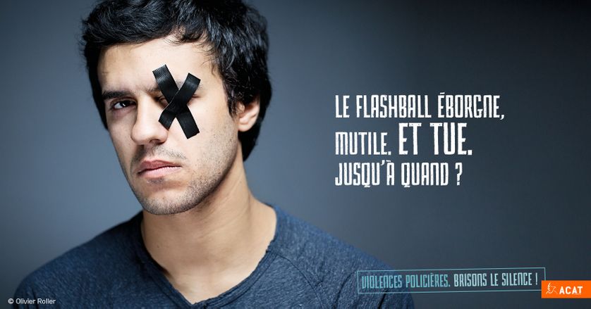 Photo de campagne de l'ACAT contre le "surarmement" des forces de l'ordre françaises