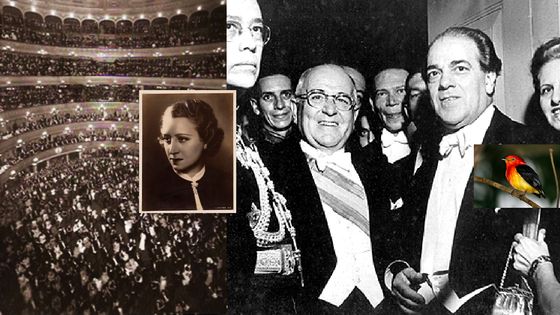 Soirée de gala au Théâtre Colon (1935) / la soprano belge Vina Bovy / Villa-Lobos et Getulio Vargas au Théâtre Colon / l'oiseau Uirapuru