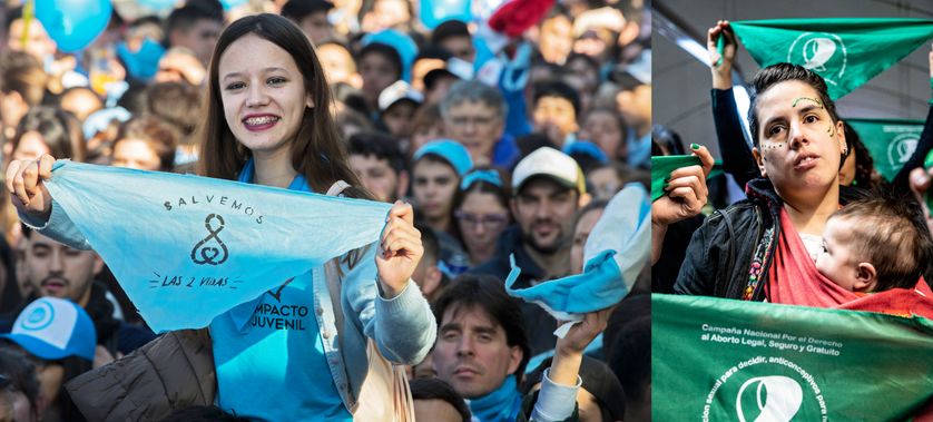 A gauche, foulards bleus : manifestation contre le projet de loi le 4 août 2018. A droite, foulards verts : performance en faveur du texte dans le métro de la capitale argentine le 31 juillet 2018