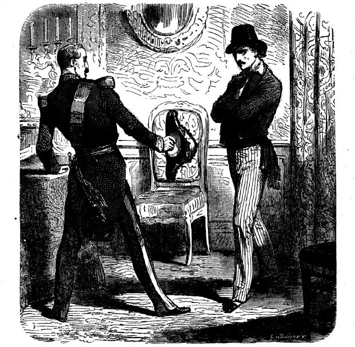 Le comte de Monte-Cristo, habillé à la manière d'Edmond Dantès pour Fernand puisse le reconnaître