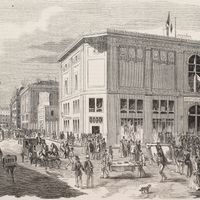 Entre rue Drouot et Rossini , à Paris, illustration par Renard et Henri Valentin, gravure par Best, Hotelin and Co, tiré de L'Illustration, Journal Universel, No 485, Volume XIX, 12 Juin , 1852