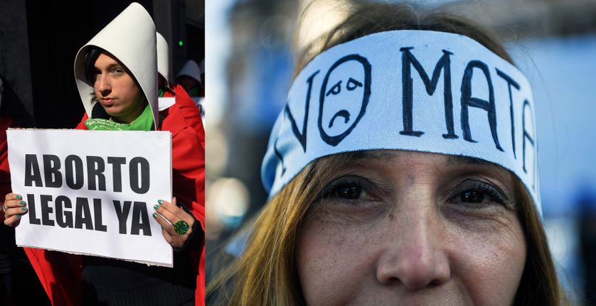 A gauche : manifestation à Buenos Aires le 1er août 2018 en faveur du projet de loi entériné en juin par les députés. A dte : manifestation contre le texte, toujours à Buenos Aires, à cette même date