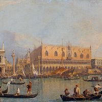 "Vue du palais ducal de Venise", par le peintre Canaletto, avant 1755, huile sur toile, Galerie des Offices, Florence.