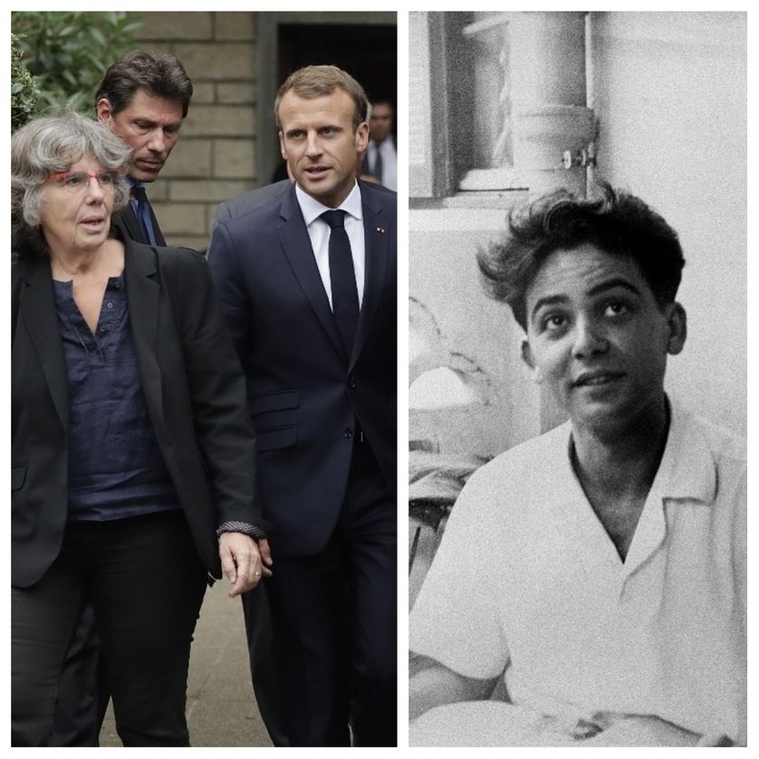 Emmanuel Macron aux côtés de Michèle Audin, fille cadette de Maurice Audin, assistant de mathématiques à la faculté d'Alger et membre du Parti communiste algérien disparu après son arrestation par des militaires français pendant la bataille d'Alger